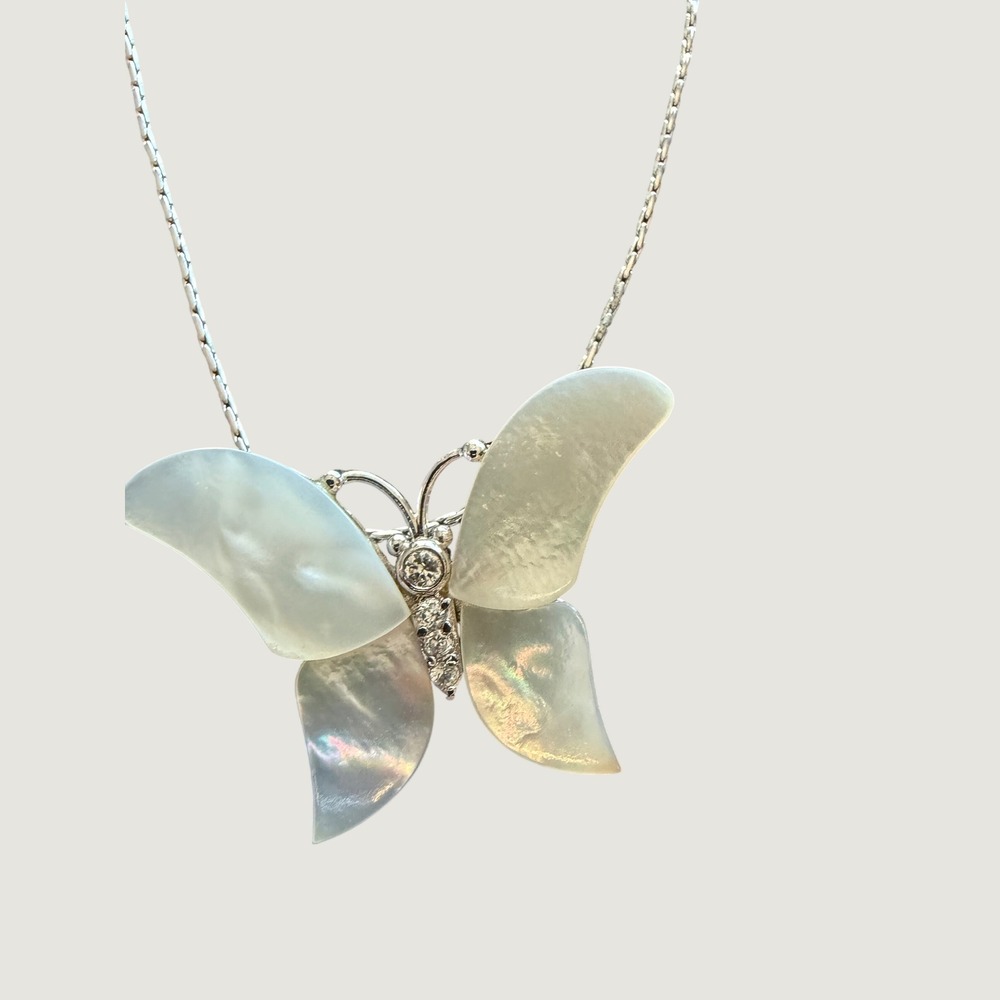 Cookie Lee Silver Tone Mother of Pearl Rhinestone Butterfly Pendant Necklace